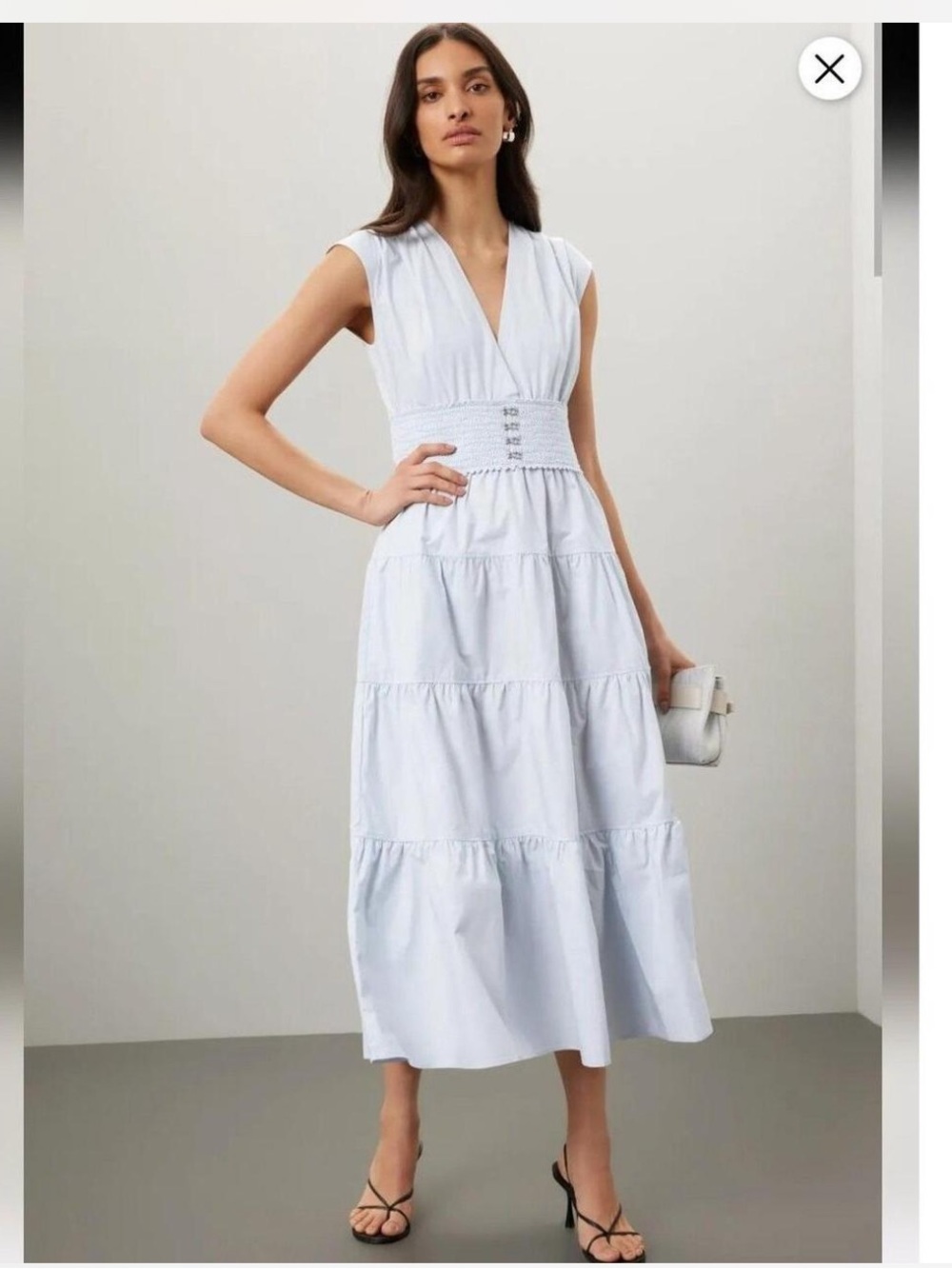 Derek Lam Light Blue Poplin V-Neck Tiered Midi Dress EUC US Size 4 MSRP $398